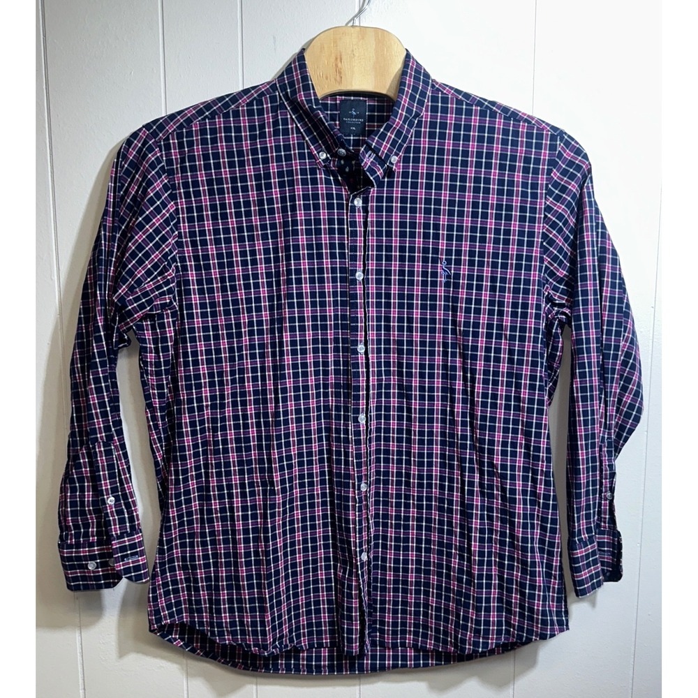 Tailorbyrd Collection Mens XXL Plaid Button Down Shirt Navy Pink Flamingo